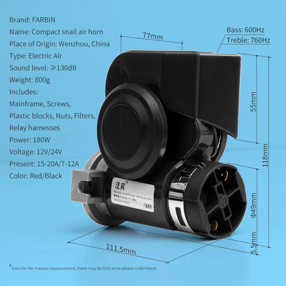 FARBIN Compact Air Horn with Compressor Snail Electric Car Horn 12V 150db Super Loud with Wiring Harness for Any 12V Vehicles