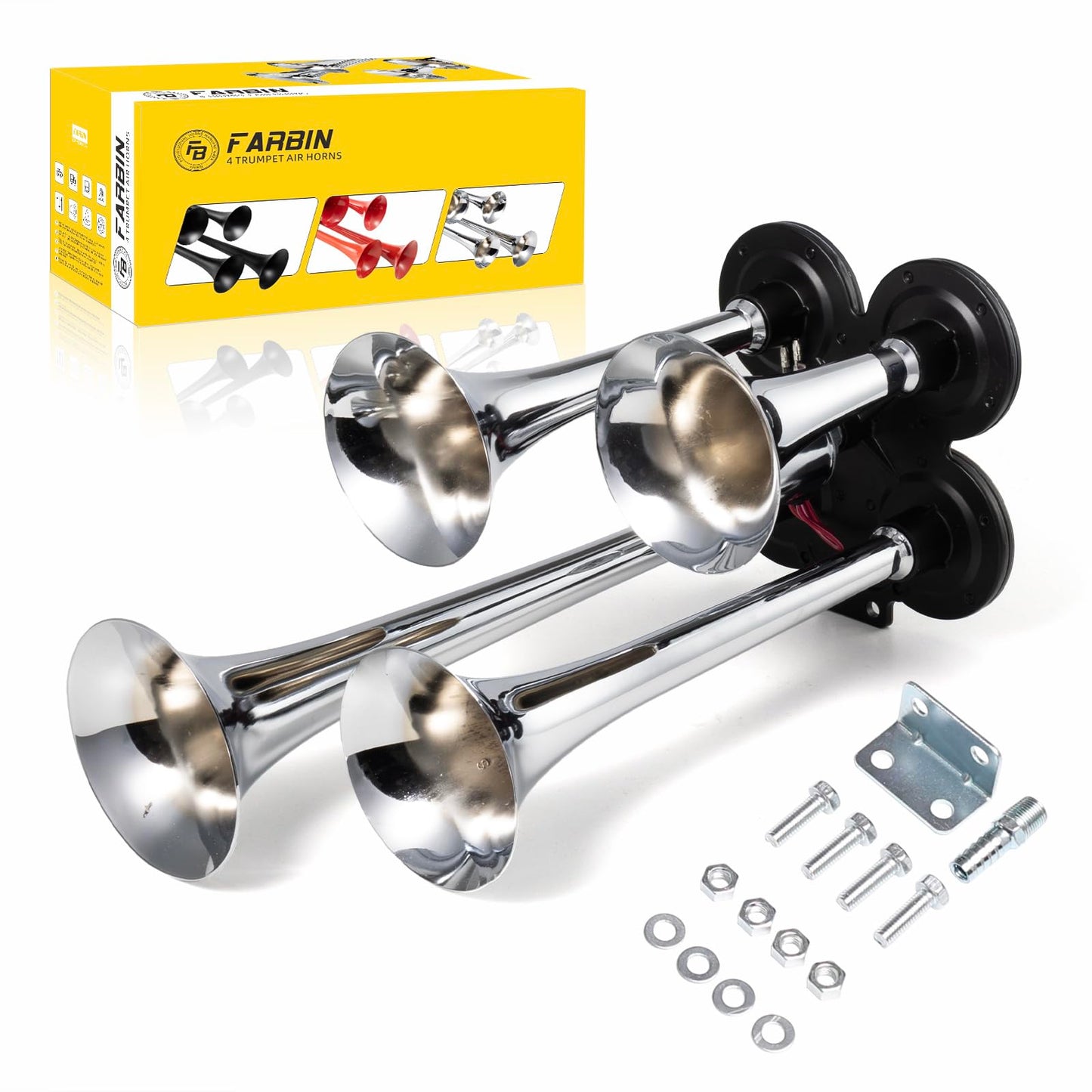 FARBIN Truck Air Horn 150DB Train Horn 12V 4 Trumpet Car Horn for Truck Super Loud Air Horns with Compressor for Vehicle Trucks Pickup Jeep SUV Train Boat Matte (Black, with Air pump)