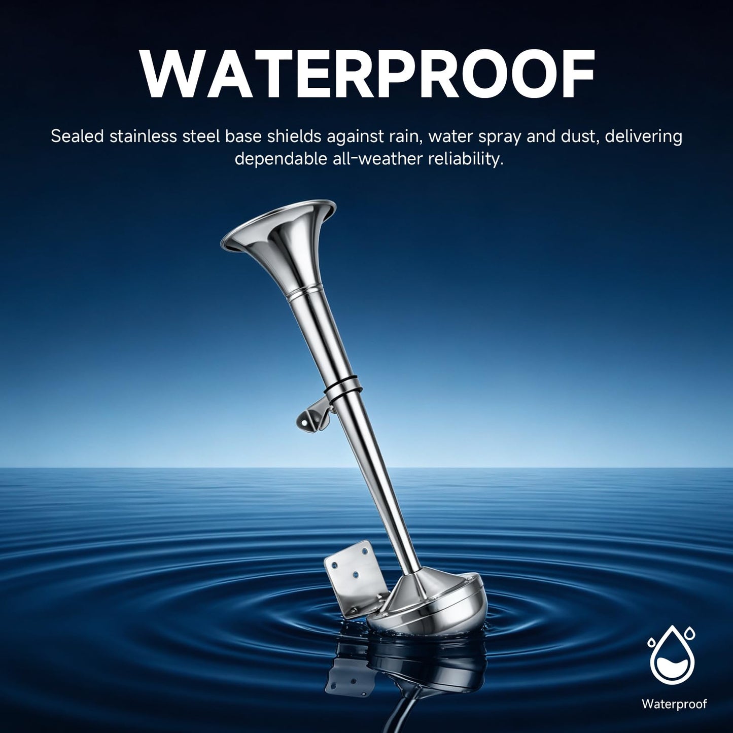 FARBIN 12V Marine Horn, Single Trumpet Stainless Steel Horn, Waterproof Electric Horns for Ships Boats Sailboats Yachts Trucks SUV RV Touring Car etc. (single stainless steel short pipe, 12V)