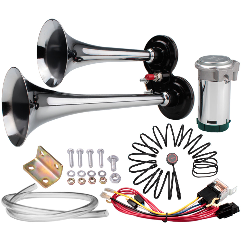 FARBIN Car Horn 12V and 24V 150db Super Loud Air Horn,Chrome Zinc Dual Trumpet Air Horns,Truck Horn with Compressor and Wire Harness