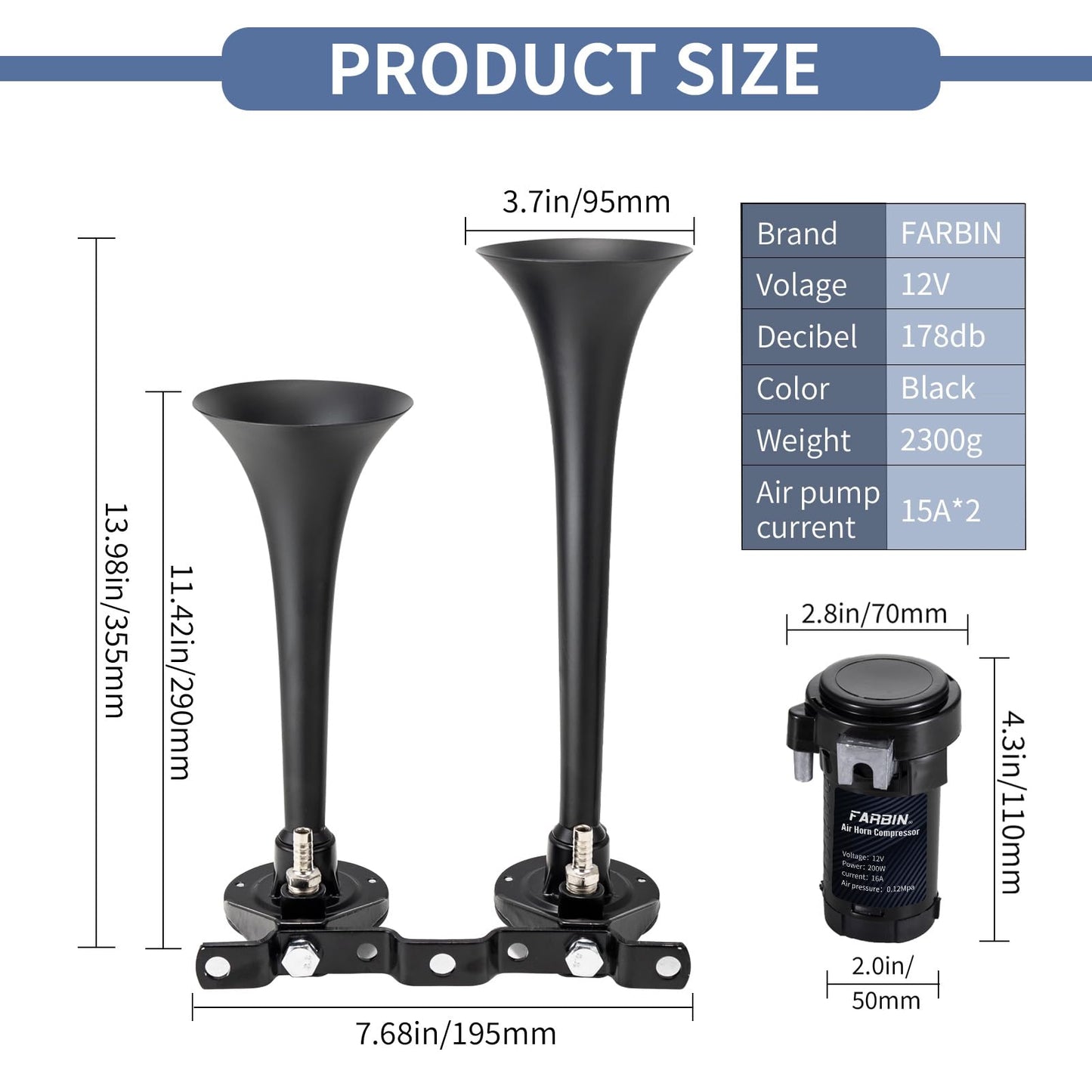 FARBIN Dual Trumpet Air Horn, Train Horn for Truck with 2 Air Compressors, 12V 178dB Loud Horns for Any 12V Vehicles Pickups SUV Lorrys Trucks Boats (Black Trumpet with Button)