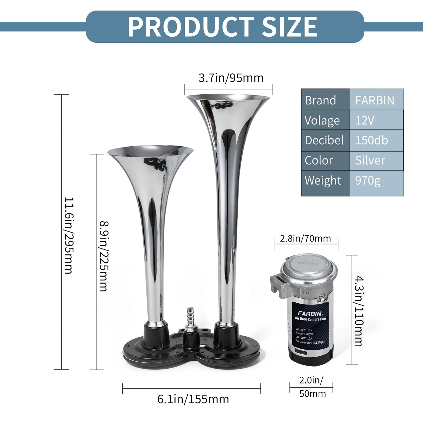 FARBIN Car Horn 12V 150db Super Loud Air Horn, Chrome Zinc Dual Trumpet Air Horns, Truck Horn with Compressor Wire Harness and Button, for Any 12V Vehicles