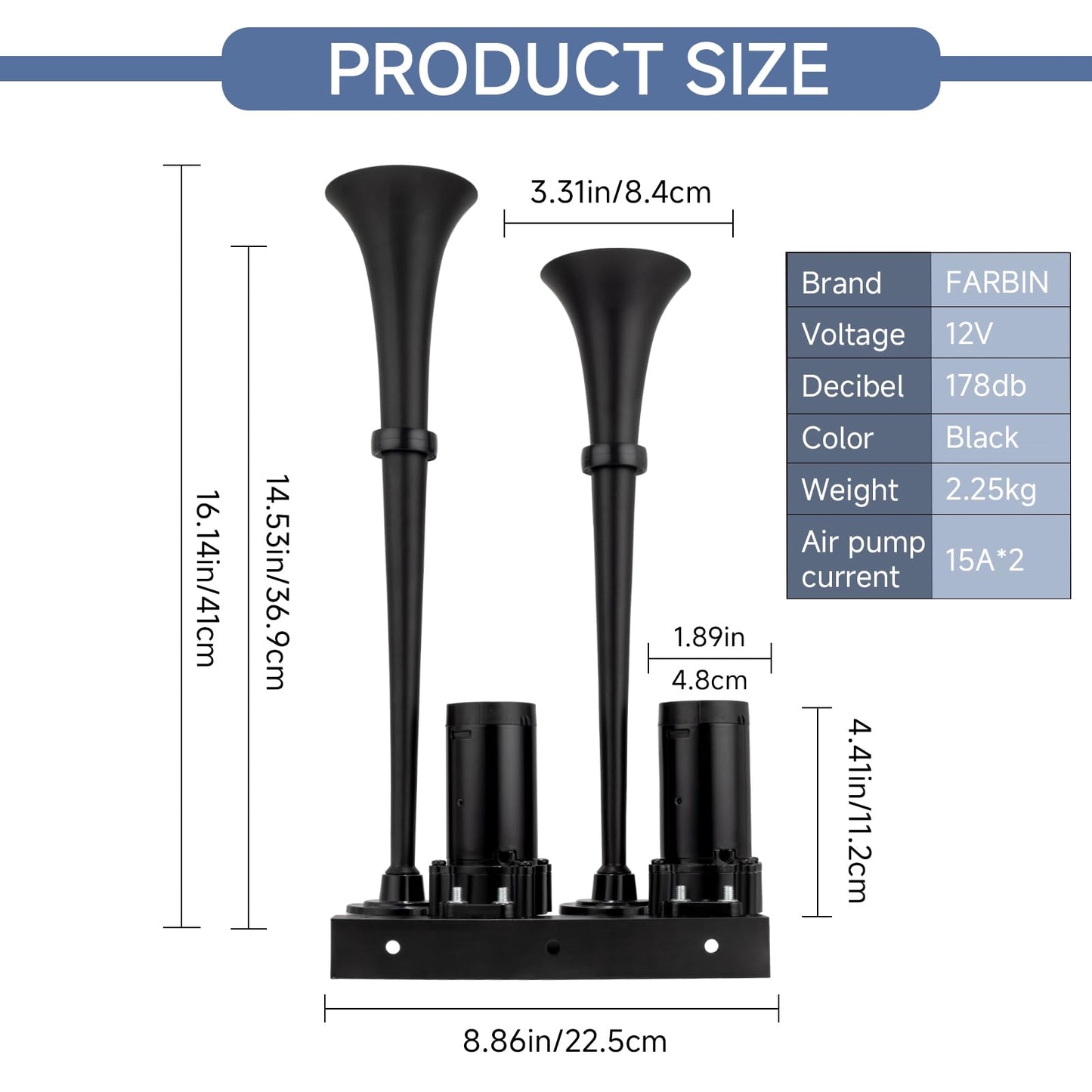 FARBIN Dual Trumpet Air Horn, 12V Train Horn for Truck with 2 Air Compressors,178dB Loud Horns for Any 12V Vehicles Trucks Pickups SUV Lorrys Boats (Black Integrated Trumpet with Button)