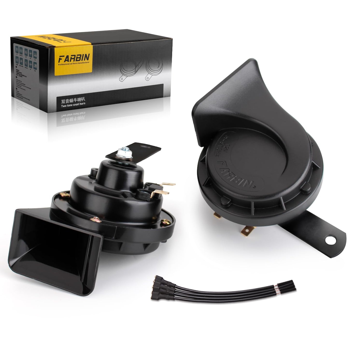 FARBIN Horns Auto Horn 12V Car Horn Loud Dual-Tone Waterproof Electric Snail Horns Kit Universal for Any 12V Vehicles Black (Black horn, 12v)