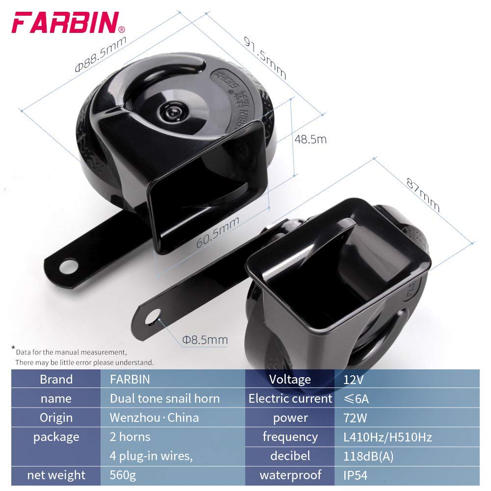 FARBIN Car Horns 12v Loud Dual-Tone Auto Snail Horn Electric Horn Kit with Relay Harness and Switch for Truck Motorcycle (Green horn and wiring button, 12v)