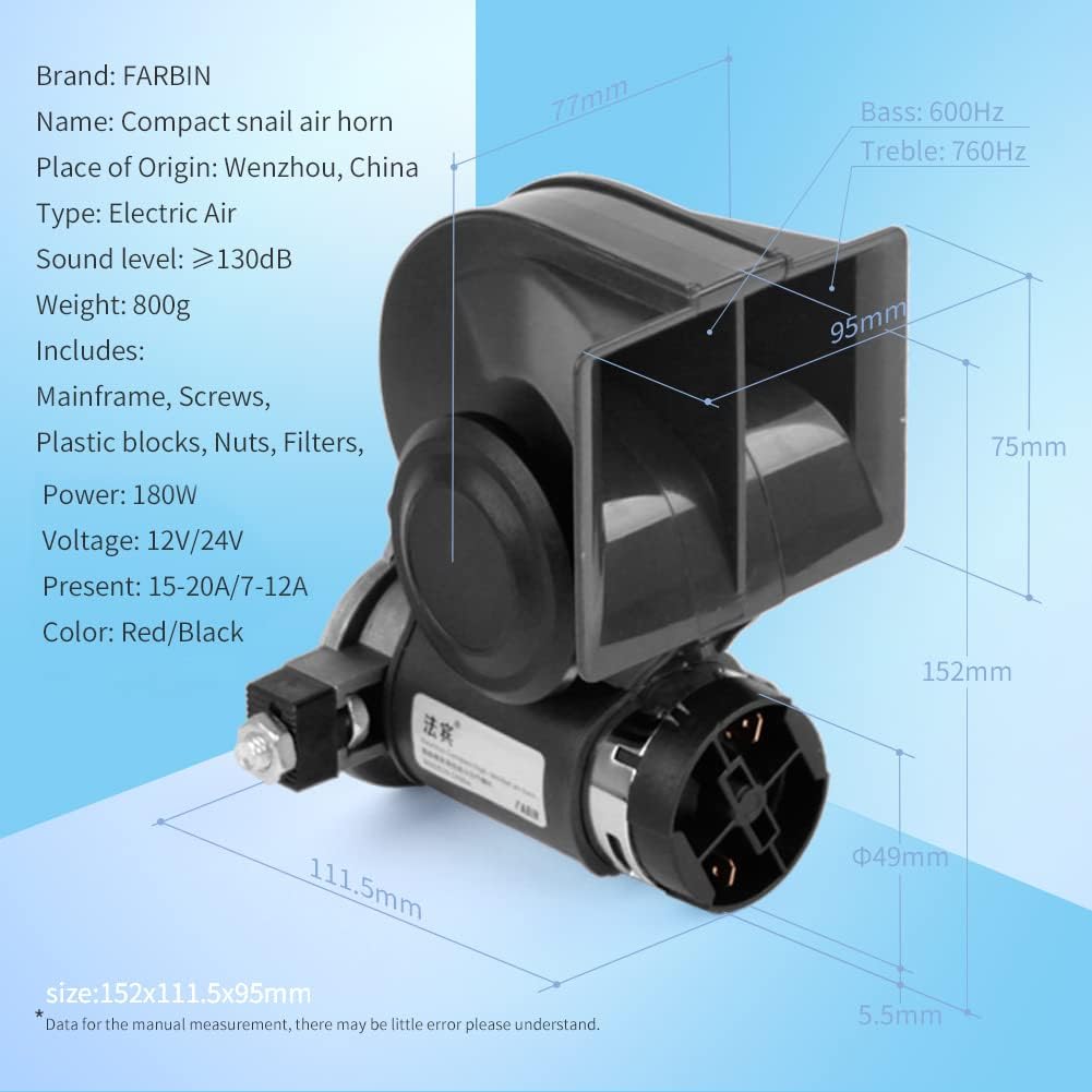 FARBIN Air Horn for Truck 2Pcs, Compact Train Horn, Electric Car Horn 12V 150db Super Loud with Wiring Harness and Button, for Any 12V Vehicles
