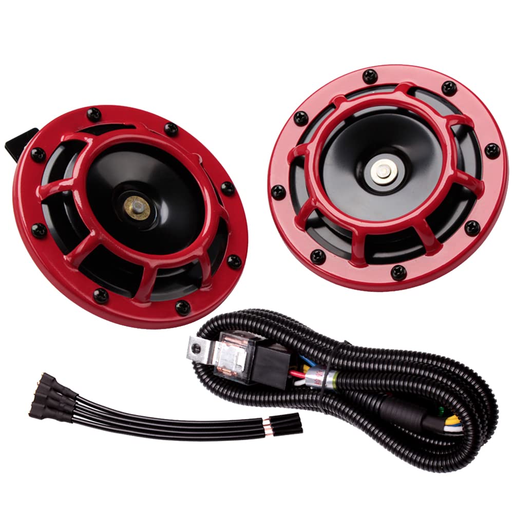 FARBIN Car Horns 12V Loud High Tone/Low Tone Metal Twin Horns Kit with Relay Harness, Universal Train Horn for Truck Car Motorcycle (Red horn with wiring harness)
