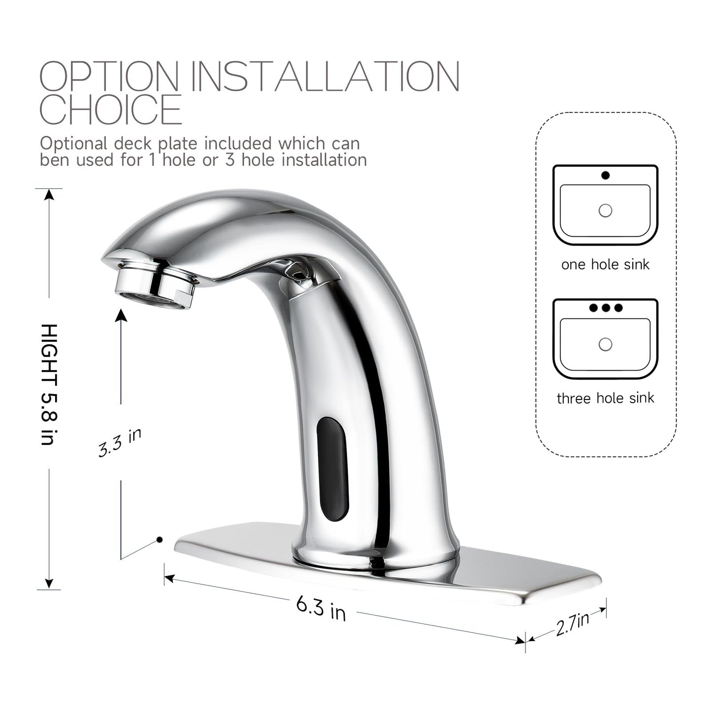Touchless Bathroom Sink Faucet Automatic Motion Sensor Hands Free Faucet with Hole Cover Plate and Temperature Mixer,Commercial Solid Brass Faucet,AC/DC Powered,1 Hole or 3 Hole (Chrome)