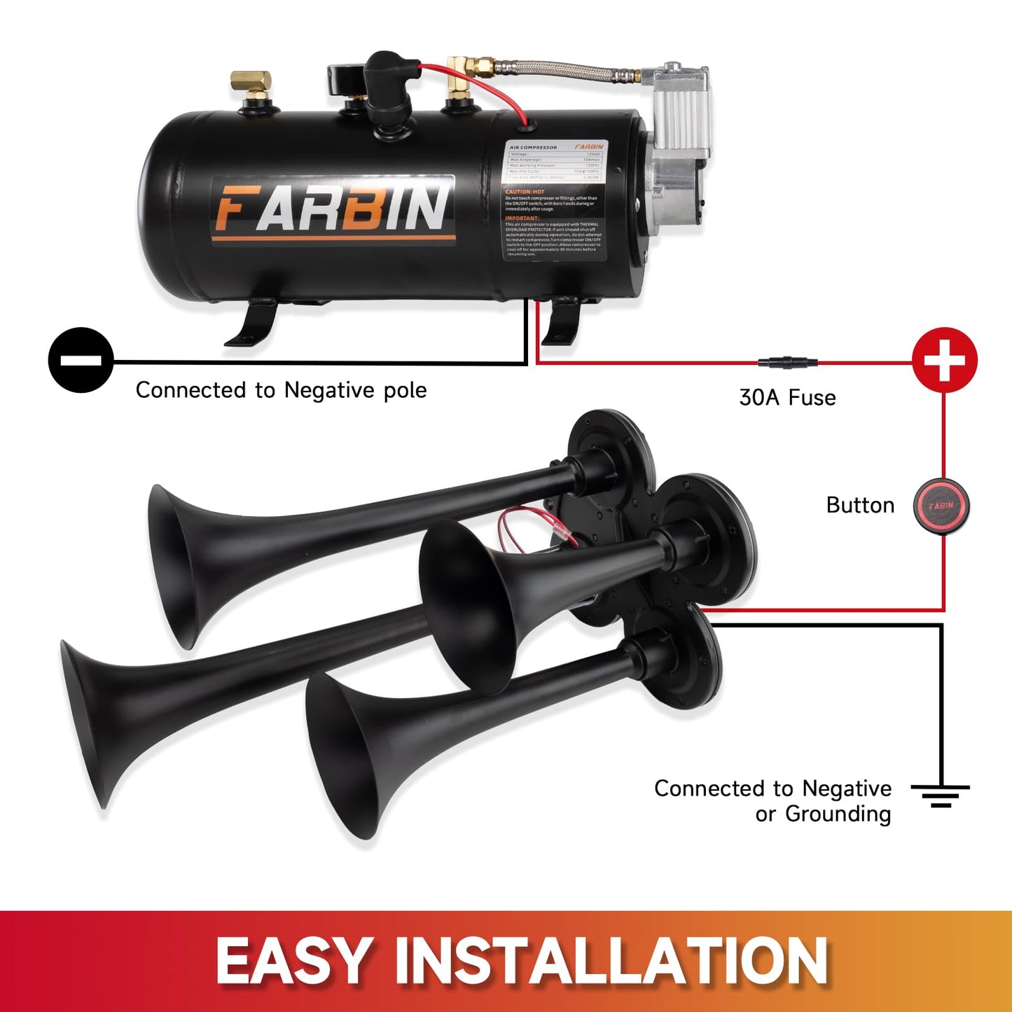 FARBIN 178DB 4 Trumpet Horns Train Horn Kit for Truck Super Loud Air horns with 150 PSI 12V Air Compressor Air Tank Can for Jeep SUV Train Metal Black(0.8 gal 12v black air horn kit)