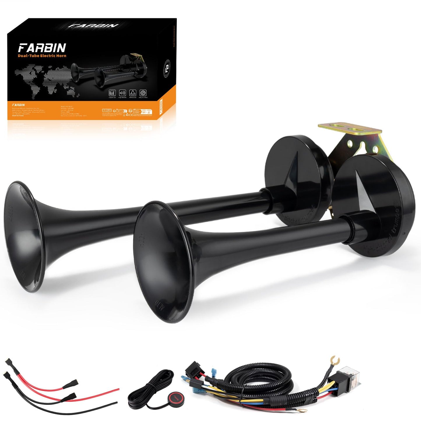 FARBIN Train Horns 12V Electric Truck Horn Loud Dual Car Horns with Bracket for Semi Truck Pickup SUV Boat (Black)