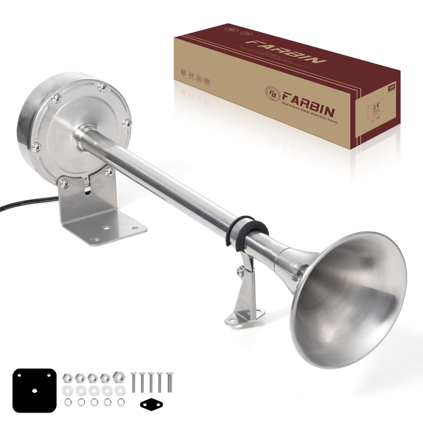 FARBIN Boat Horn Marine 12V Stainless Steel Single Trumpet Boat Horn Waterproof Electric Horn for Ships Boats Sailboats Yachts Trucks SUV RV Touring Car etc. (single stainless steel short pipe, 12V)