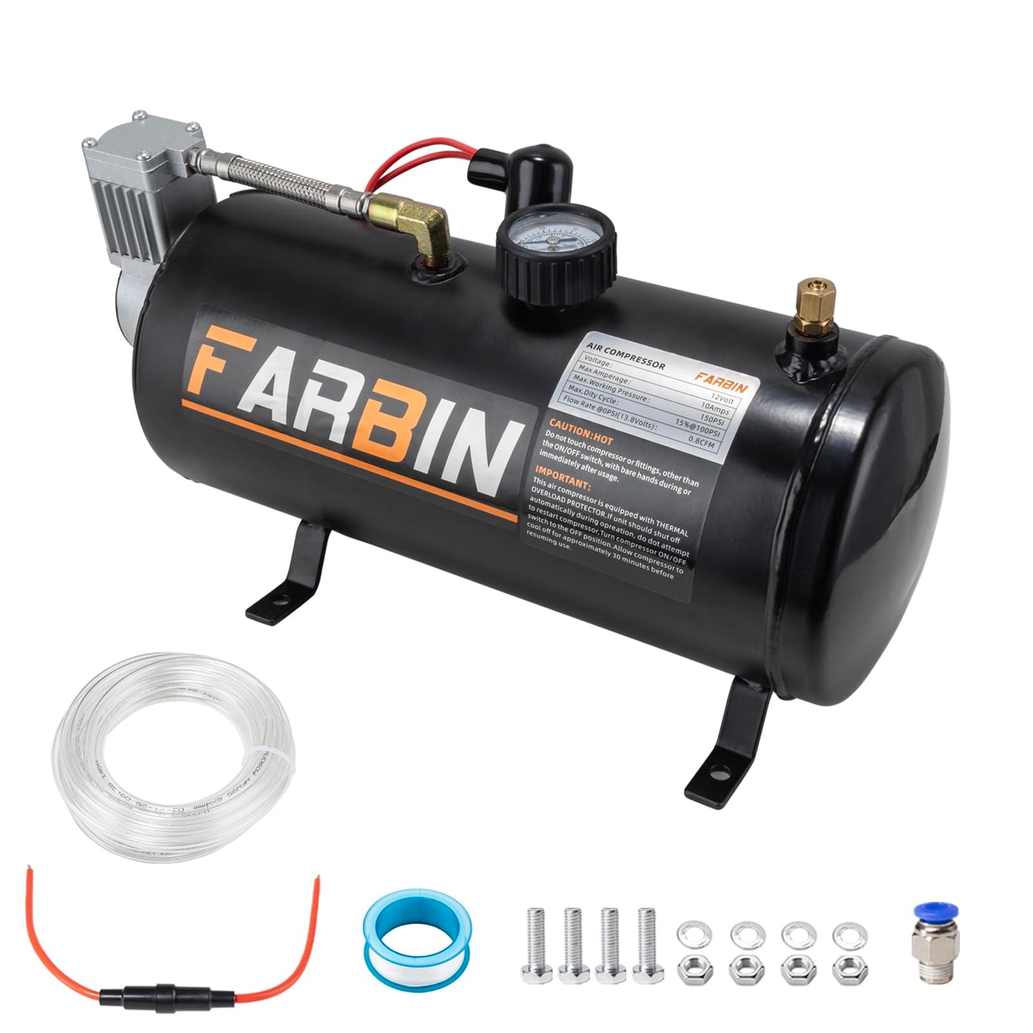 FARBIN Bocina de Tren para Camión 178DB Bocinas de Aire Superaltas Kit de 4 Bocinas de Trompeta con Compresor de Aire de 150 PSI 12V Tanque de Aire de 22.7 Litros para Camión, Coche, Jeep, SUV, Tren
