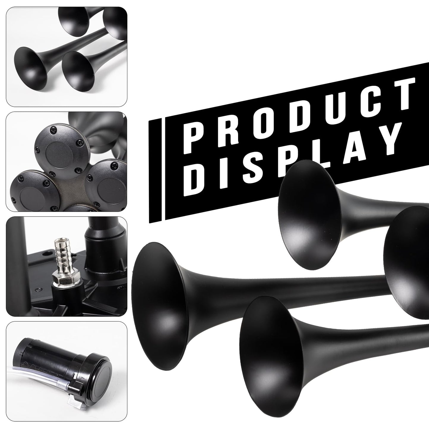 FARBIN Truck Air Horn 150DB Train Horn 12V 4 Trumpet Car Horn for Truck Super Loud Air Horns with Compressor for Vehicle Trucks Pickup Jeep SUV Train Boat Matte (Black, with Air pump)