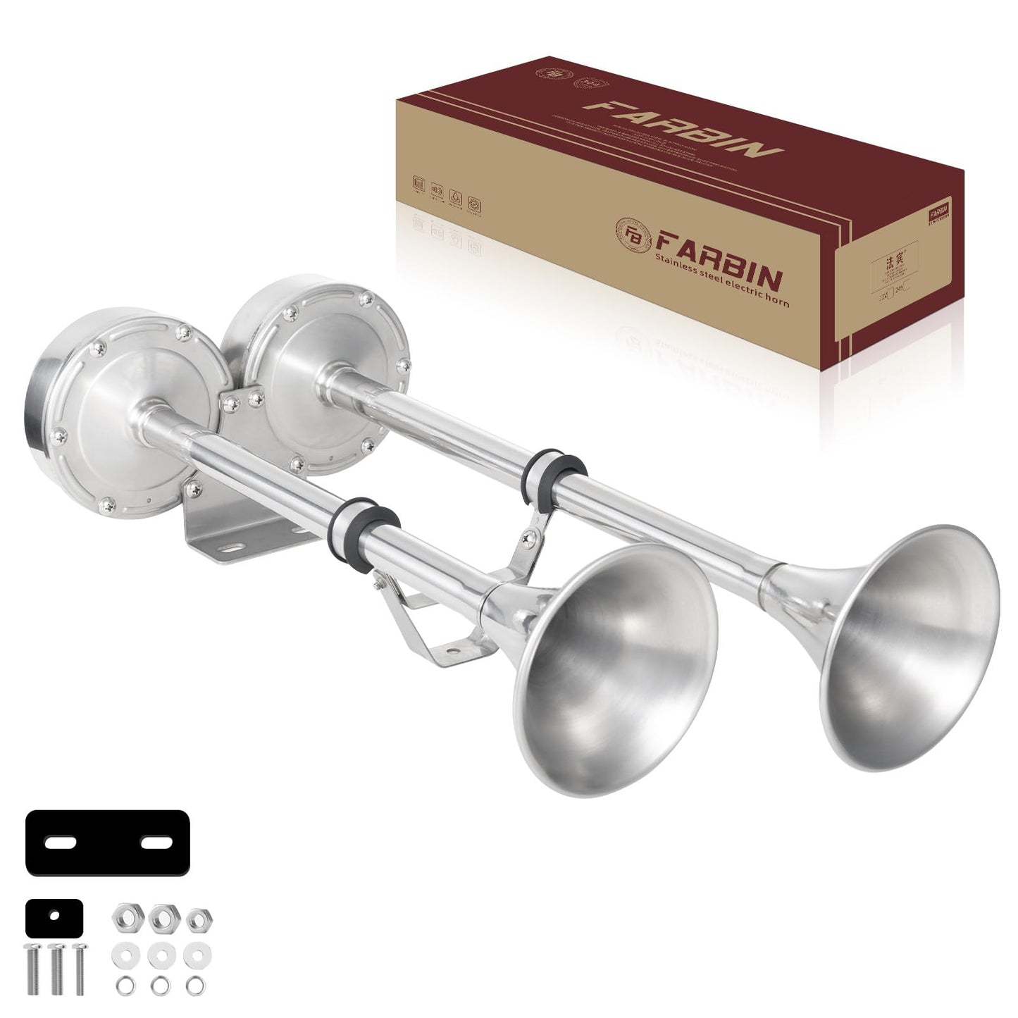 FARBIN Boat Horn 12V Waterproof Stainless Steel Trumpet Marine Horn,Electric Boat Horn for Boats Ship Sailboat Yacht Off-Road Vehicle Truck SUV RV Vans Touring Car (Stainless steel Double Tube)