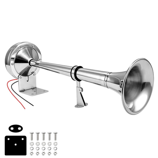 FARBIN 12V Marine Horn, Single Trumpet Stainless Steel Horn, Waterproof Electric Horns for Ships Boats Sailboats Yachts Trucks SUV RV Touring Car etc. (single stainless steel short pipe, 12V)