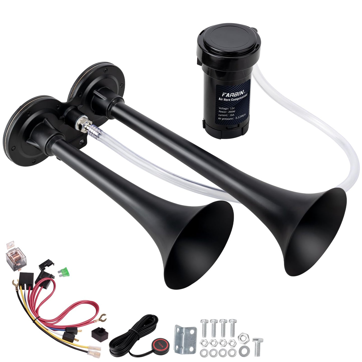 FARBIN Car Horn 12V 150db Super Loud Air Horn, Chrome Zinc Dual Trumpet Air Horns, Truck Horn with Compressor Wire Harness and Button, for Any 12V Vehicles