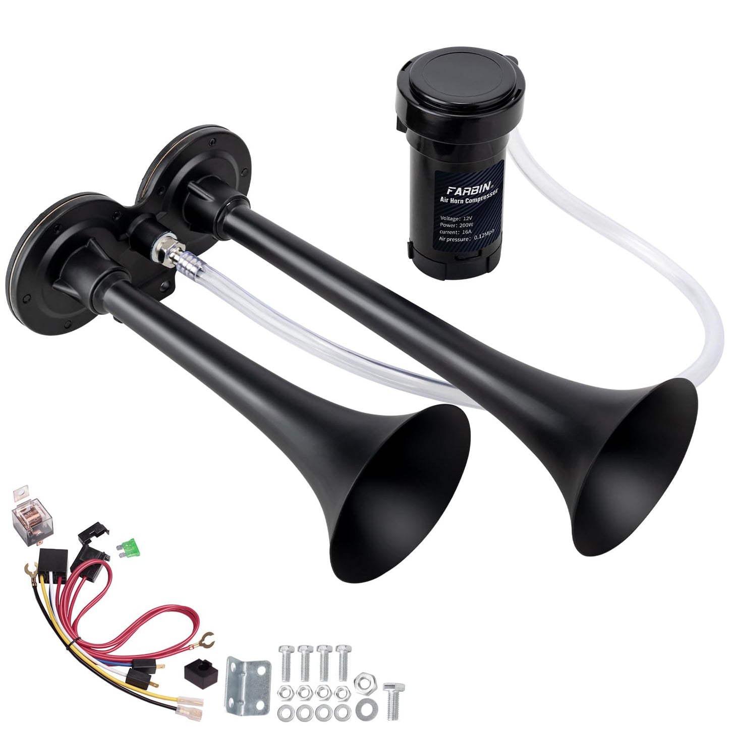 FARBIN Car Horn 12V 150db Super Loud Air Horn, Chrome Zinc Dual Trumpet Air Horns, Truck Horn with Compressor Wire Harness and Button, for Any 12V Vehicles