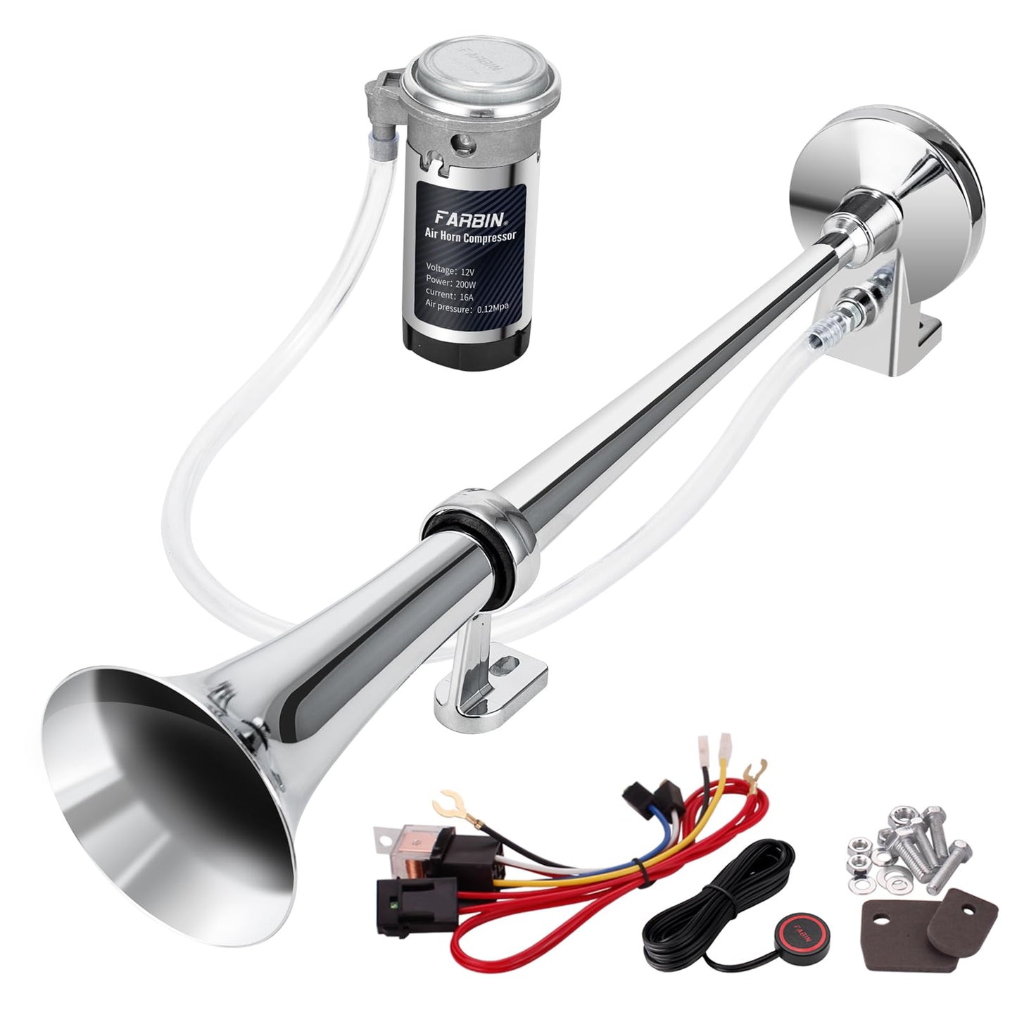 FARBIN Train Horn for Truck 12V 150 db Air Horn for Car Super Loud 18" Single Trumpet Truck Horn with Compressor and Wire Harness