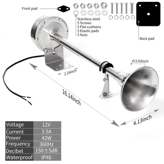 FARBIN Boat Horn Marine 12V Stainless Steel Single Trumpet Boat Horn Waterproof Electric Horn for Ships Boats Sailboats Yachts Trucks SUV RV Touring Car etc. (single stainless steel short pipe, 12V)