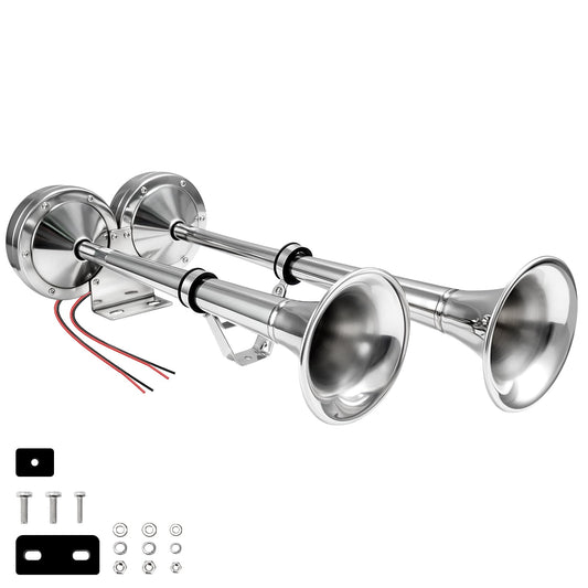 FARBIN Boat horn Waterproof Stainless Steel Dual Trumpet,Electric Horn for 12v Boats Ship Sailboat Yacht Off-Road Vehicle Truck SUV RV Vans Touring Car (Stainless steel double tube, 12V)