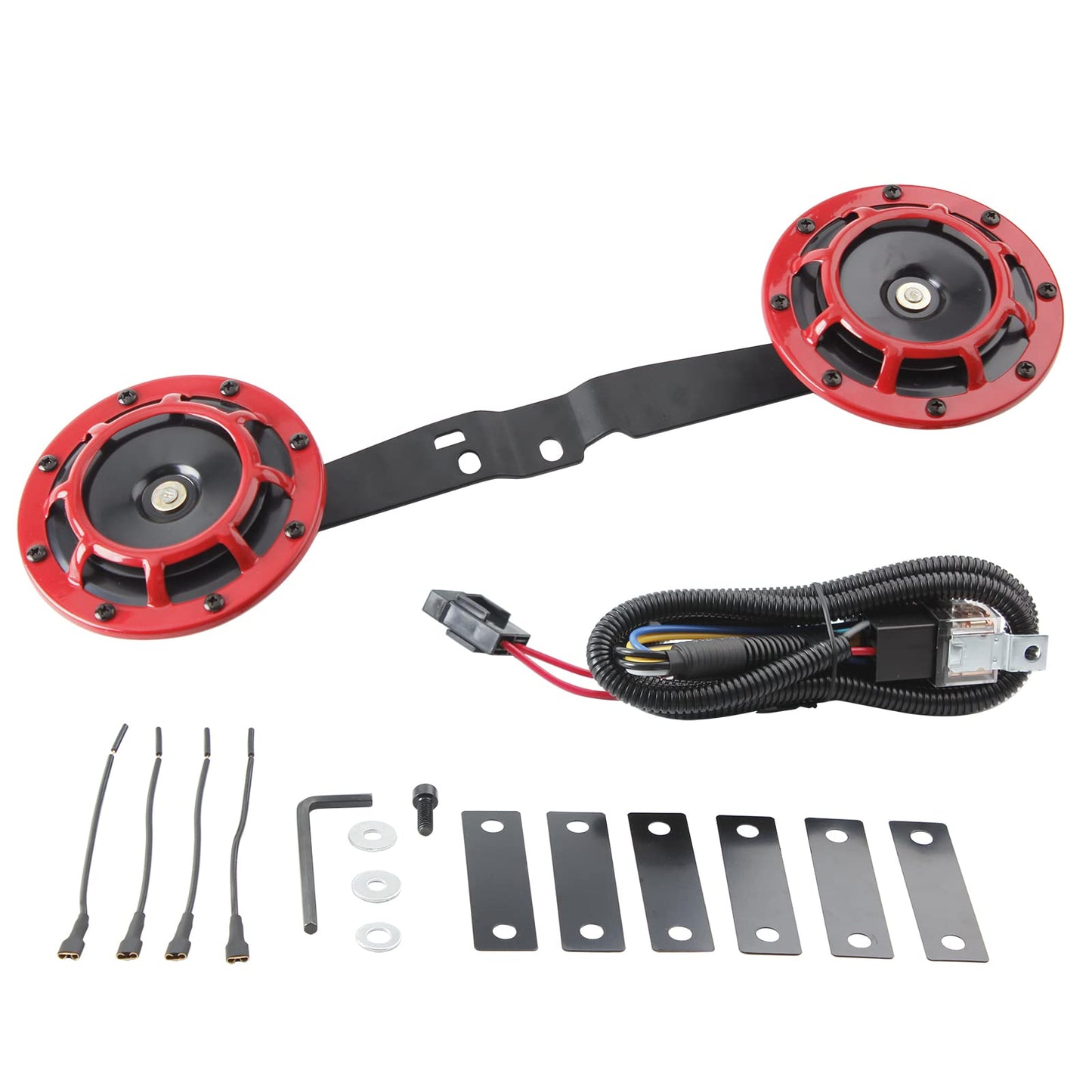 FARBIN Waterproof Car Horn Loud Super tone High Tone/Low Tone Metal Twin Horns Kit with Protective Grill (red horn with harness and bracket)