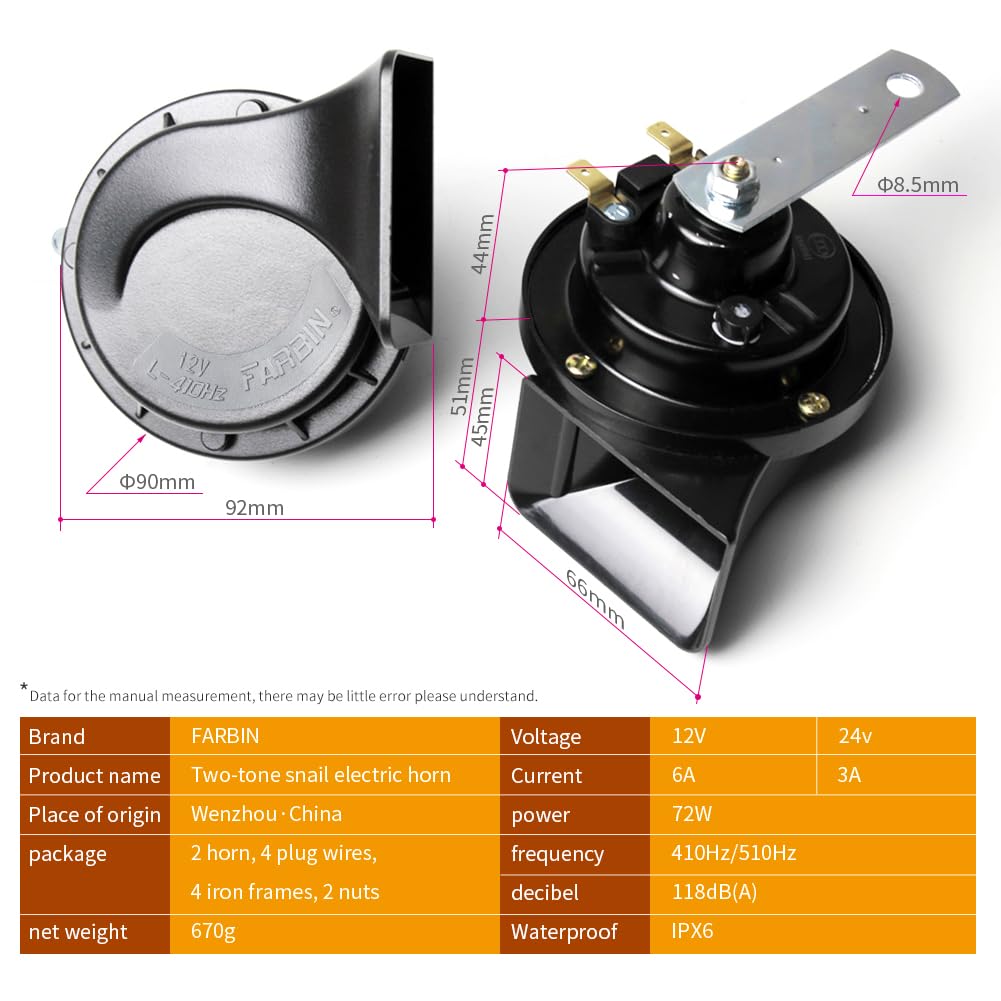 FARBIN Horns Auto Horn 12V Car Horn Loud Dual-Tone Waterproof Electric Snail Horns Kit Universal for Any 12V Vehicles Black (Black horn, 12v)