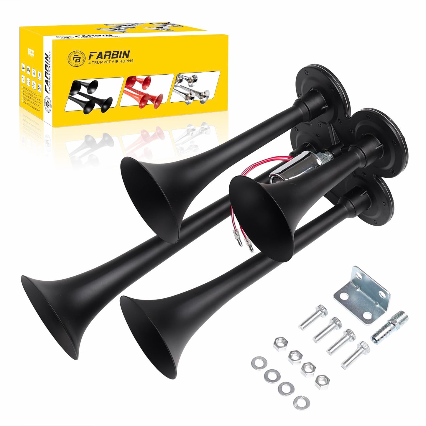 FARBIN Truck Air Horn 178DB 4 Trumpet Train Horn 12V/24V Car Horn for Trucks Super Loud Air Horns with Electric Solenoid Universal for Truck Car Pickup Jeep SUV Train Boat Silver(Silver 4-tube 12/24V)