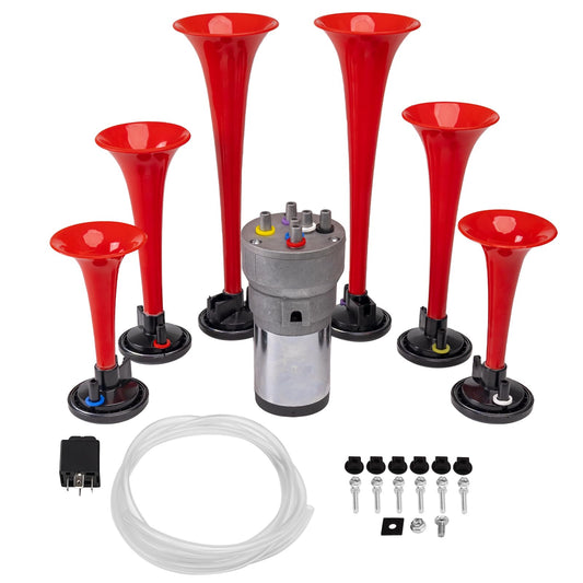 FARBIN Musical Horn 6 Trumpet Music Sound Air Horn with Compressor Play Godfather Melody Red 12V 150db for Train Truck Car Boat RV UTV Motorcycle (Godfather)