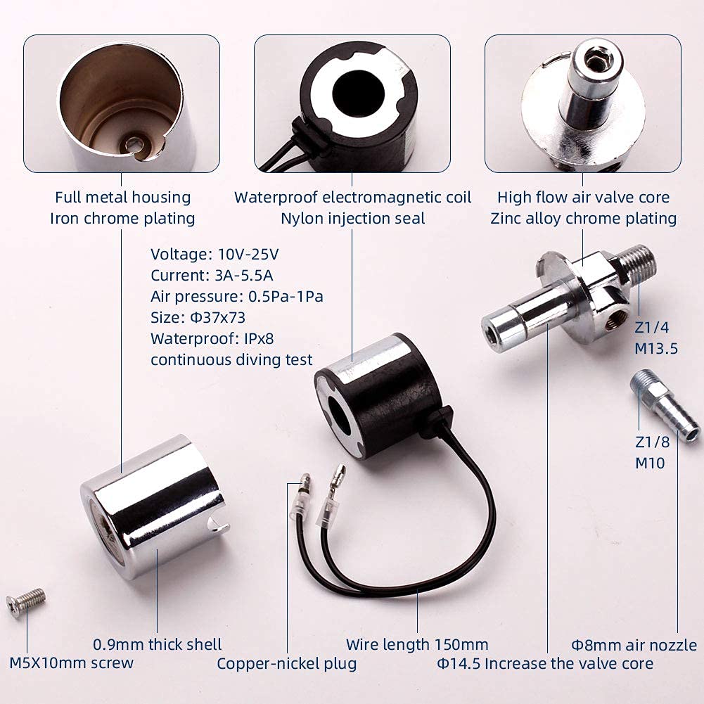 FARBIN Air Horn Solenoid Valve 1/4" NPT 12V/24V universally Electric Air Valve (Solenoid) for Train Air Horn Chrome Plated Metal Housing (Solenoid Valve, 12V/24V)
