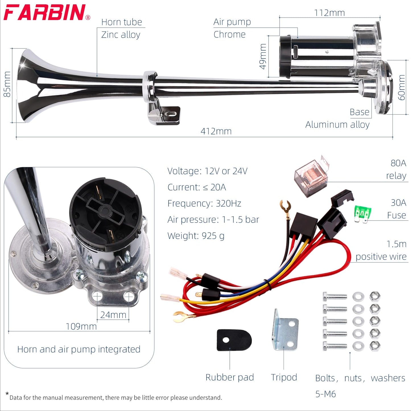 FARBIN Loud Air Horn 12V, Train Horn for Truck with Air Compressors 150dB, for Any 12V Car Motorcycle Pickups SUV Lorrys Trucks Boats (Black)