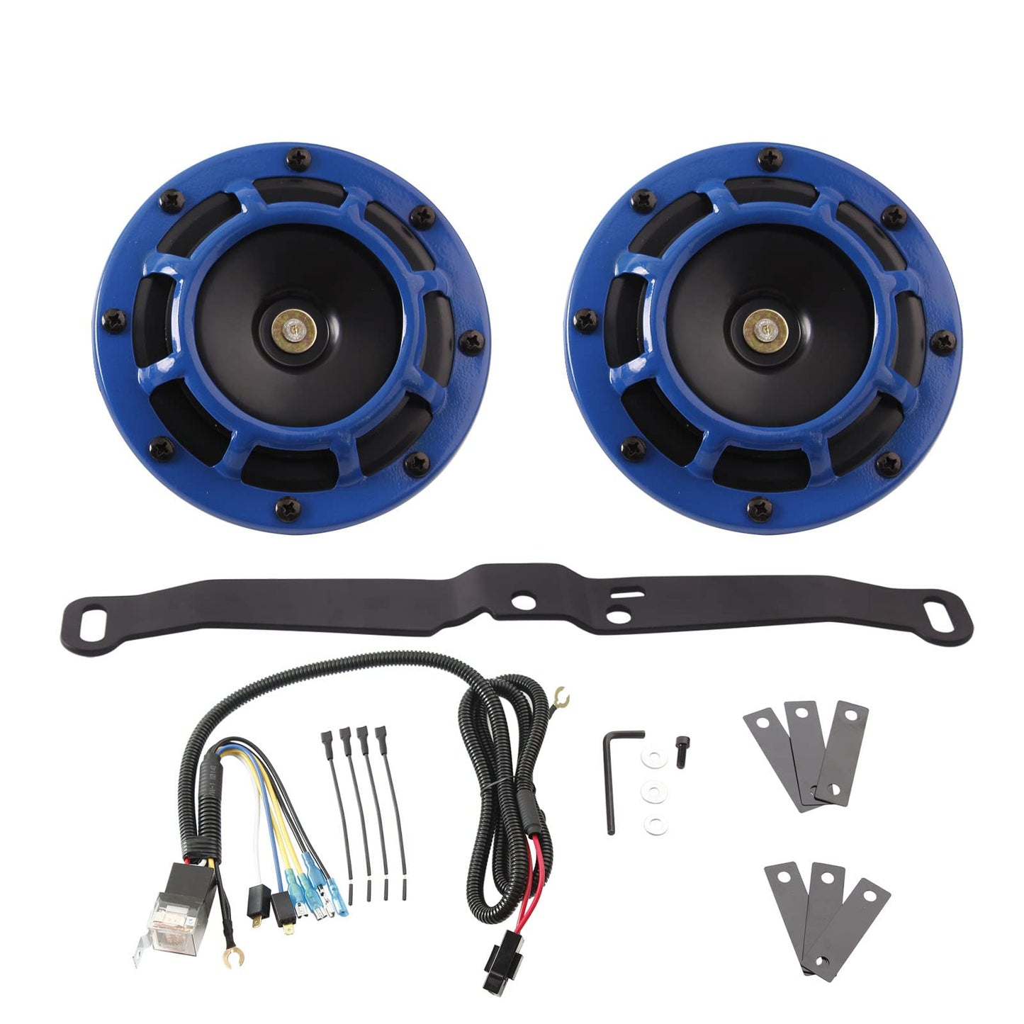 FARBIN Waterproof Car Horn Loud Super tone High Tone/Low Tone Metal Twin Horns Kit with Protective Grill (red horn with harness and bracket)