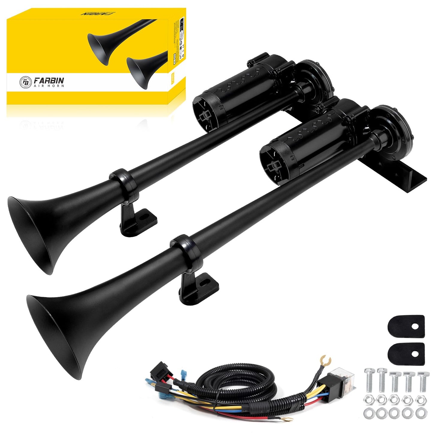 FARBIN Dual Trumpet Air Horn, 12V Train Horn for Truck with 2 Air Compressors,178dB Loud Horns for Any 12V Vehicles Trucks Pickups SUV Lorrys Boats (Black Integrated Trumpet with Button)