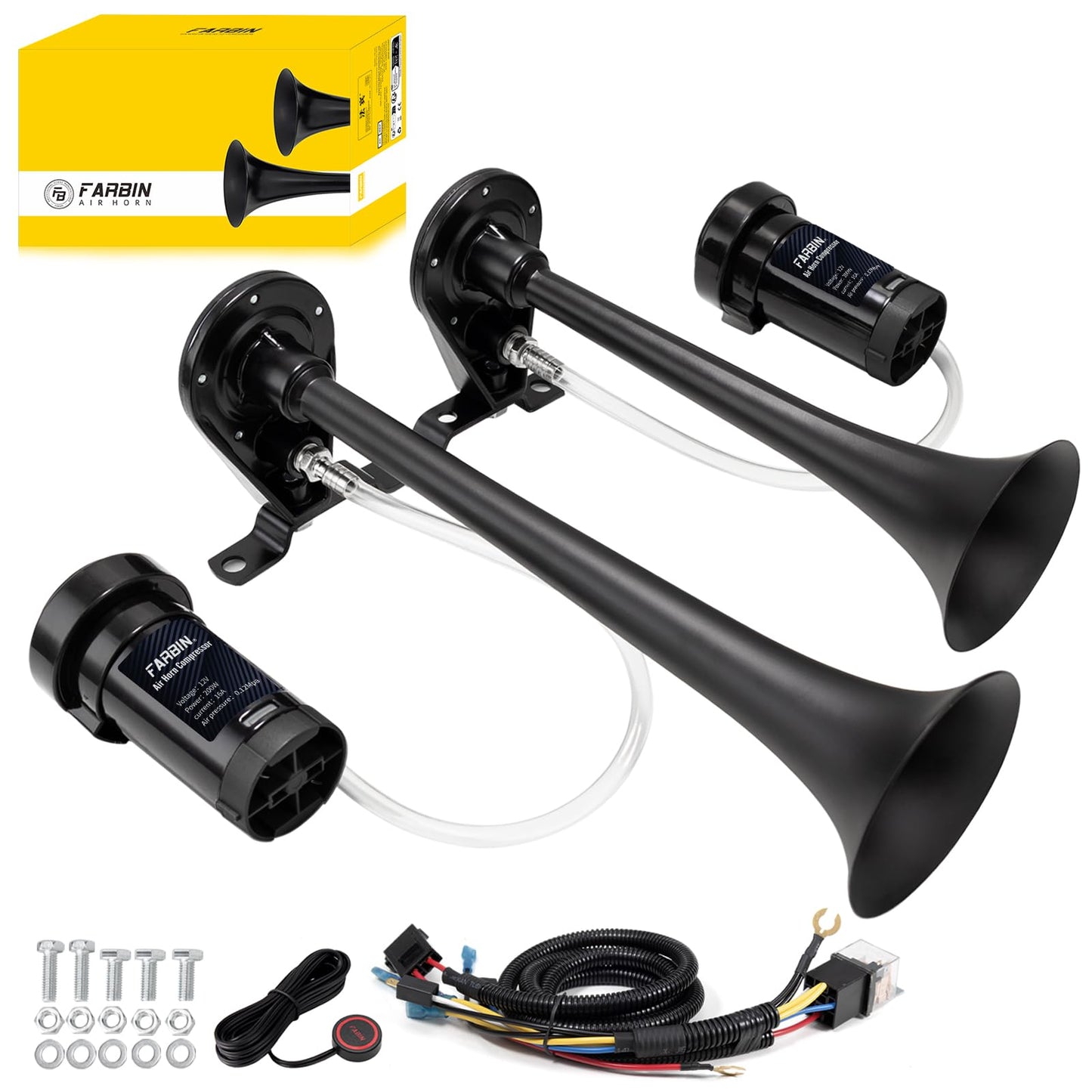 FARBIN Dual Trumpet Air Horn, Train Horn for Truck with 2 Air Compressors, 12V 178dB Loud Horns for Any 12V Vehicles Pickups SUV Lorrys Trucks Boats (Black Trumpet with Button)