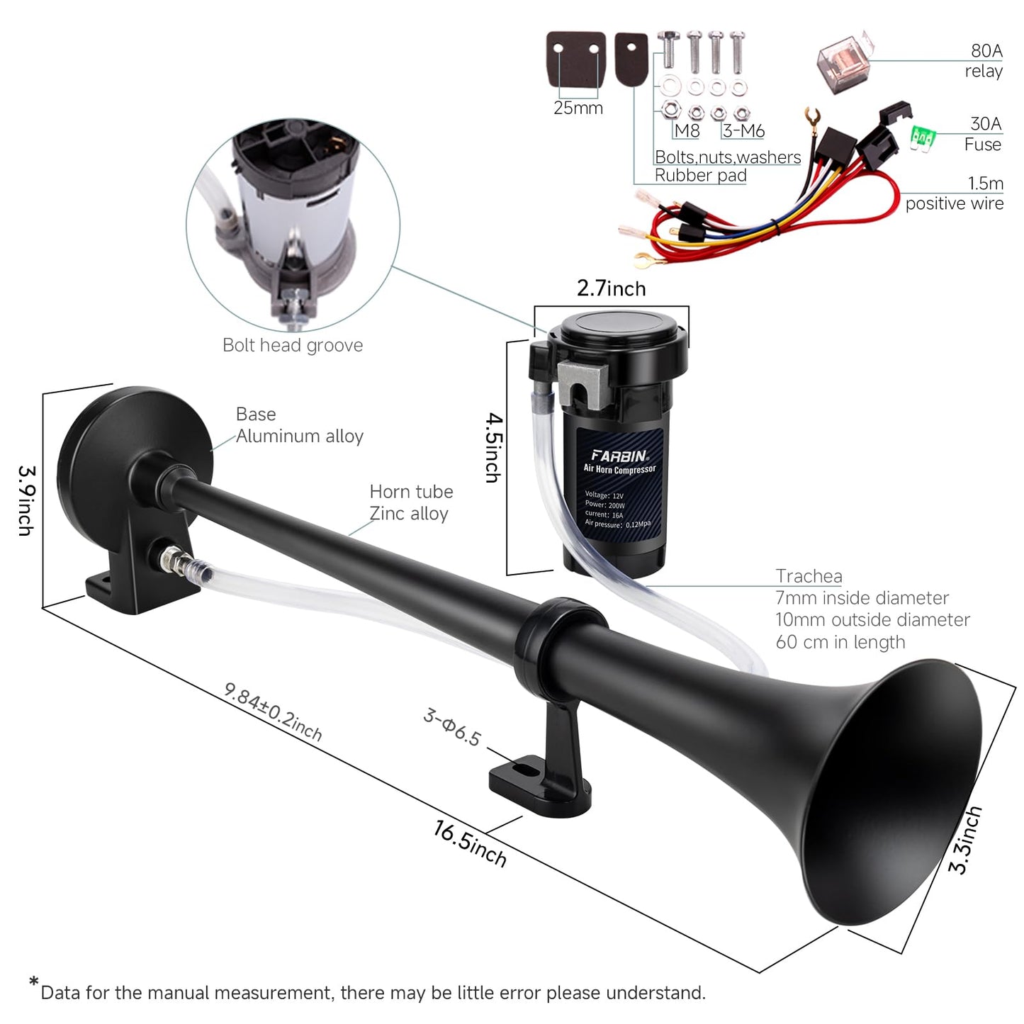 FARBIN Train Horn for Truck 12V 150 db Air Horn for Car Super Loud 18" Single Trumpet Truck Horn with Compressor and Wire Harness