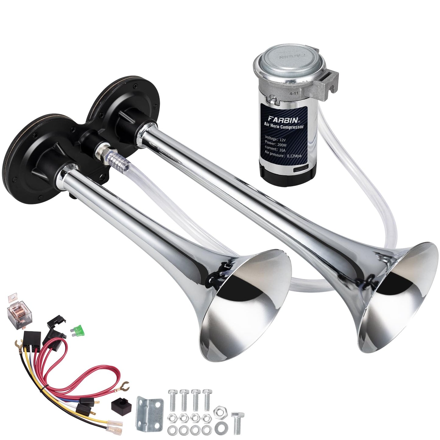 FARBIN Car Horn 12V 150db Super Loud Air Horn, Chrome Zinc Dual Trumpet Air Horns, Truck Horn with Compressor Wire Harness and Button, for Any 12V Vehicles