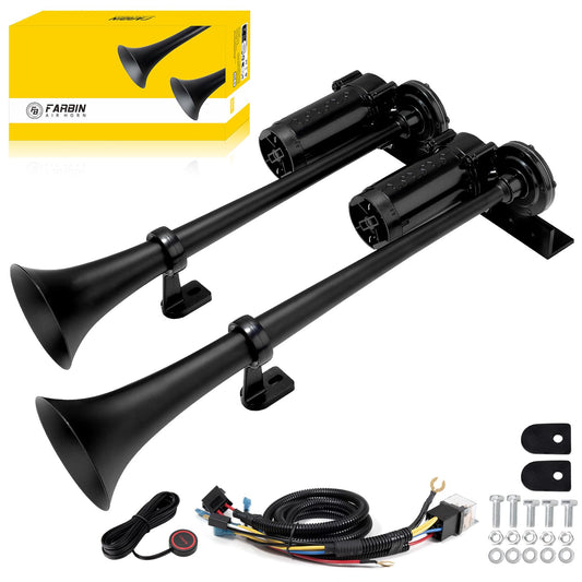 FARBIN Dual Trumpet Air Horn, 12V Train Horn for Truck with 2 Air Compressors,178dB Loud Horns for Any 12V Vehicles Trucks Pickups SUV Lorrys Boats (Black Integrated Trumpet with Button)