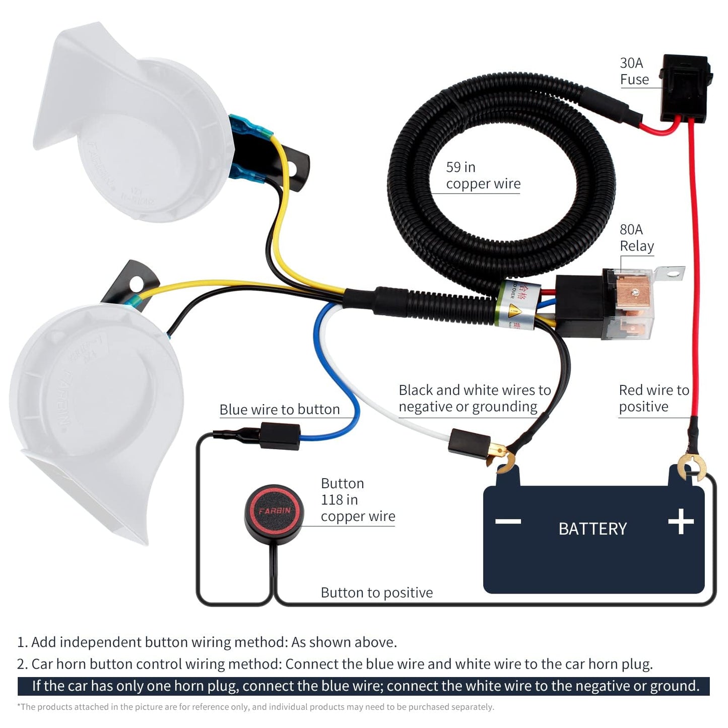 FARBIN Train Horn for Truck 12V Car Horns Loud Waterproof Electric Snail Horn kit with Wiring Harness Button, for Any 12V Vehicl