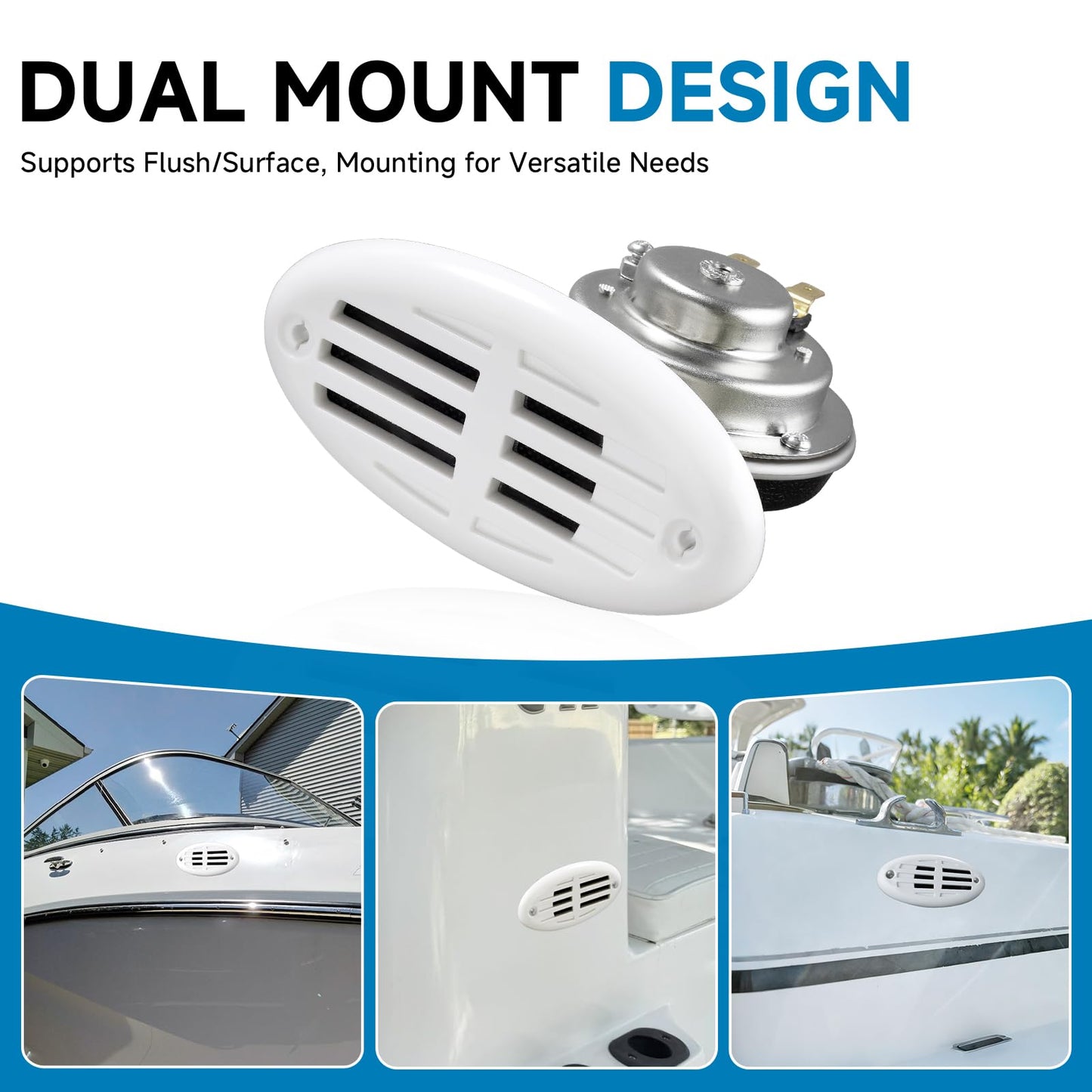 FARBIN Stainless Steel Boat Horn, 12V Marine Horn, Drop‑in Hidden Horn Waterproof for Ship Yacht (White Grille)