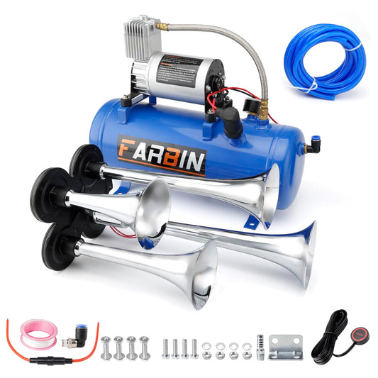 FARBIN Bocina de Tren para Camión 178DB Bocinas de Aire Superaltas Kit de 4 Bocinas de Trompeta con Compresor de Aire de 150 PSI 12V Tanque de Aire de 22.7 Litros para Camión, Coche, Jeep, SUV, Tren
