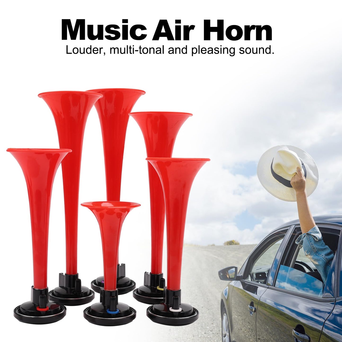 FARBIN Musical Horn 6 Trumpet Music Sound Air Horn with Compressor Play Godfather Melody Red 12V 150db for Train Truck Car Boat RV UTV Motorcycle (Godfather)