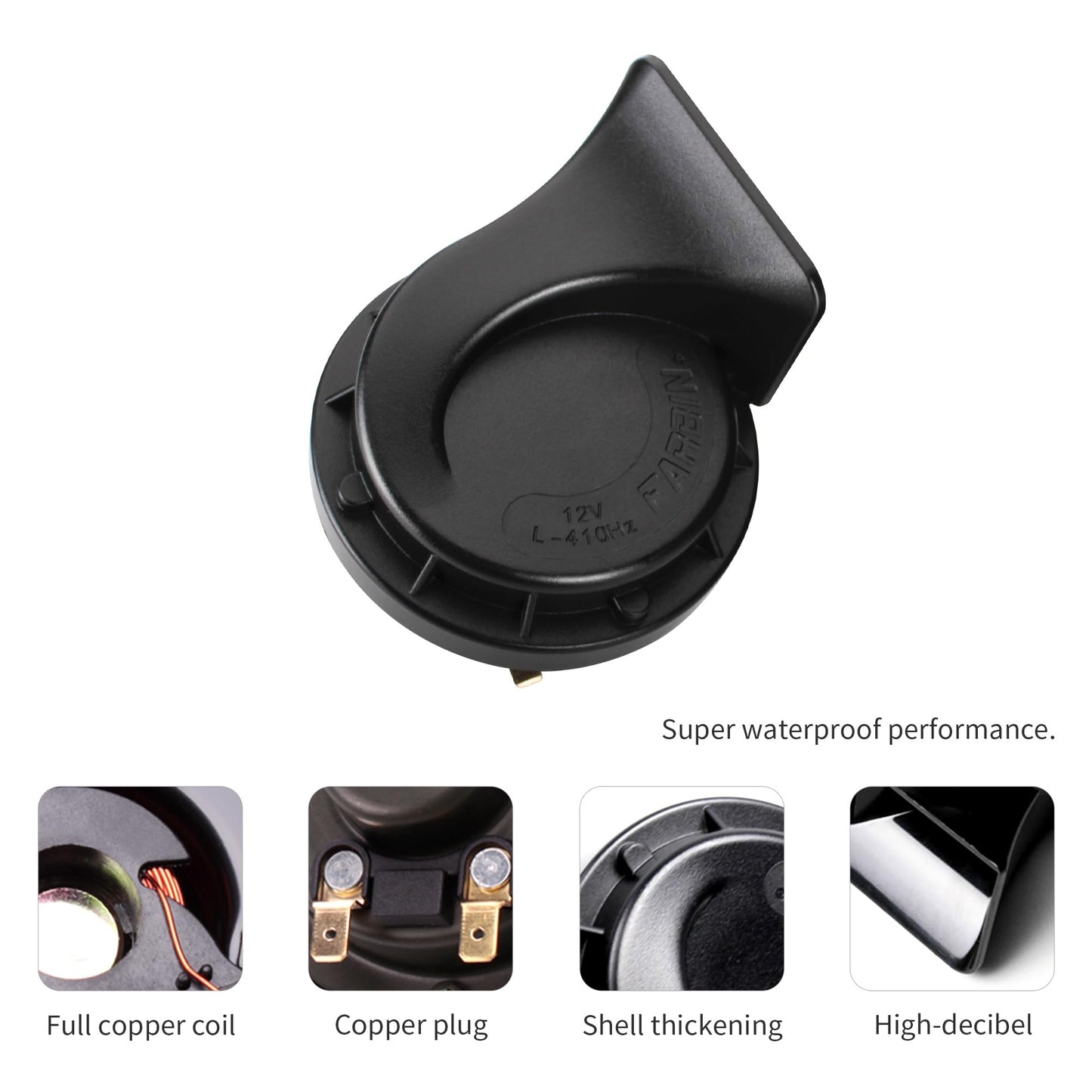 FARBIN Compact Horn 12V Car Horn Loud Low-Tone 410HZ Waterproof Universal for Any 12V Vehicles