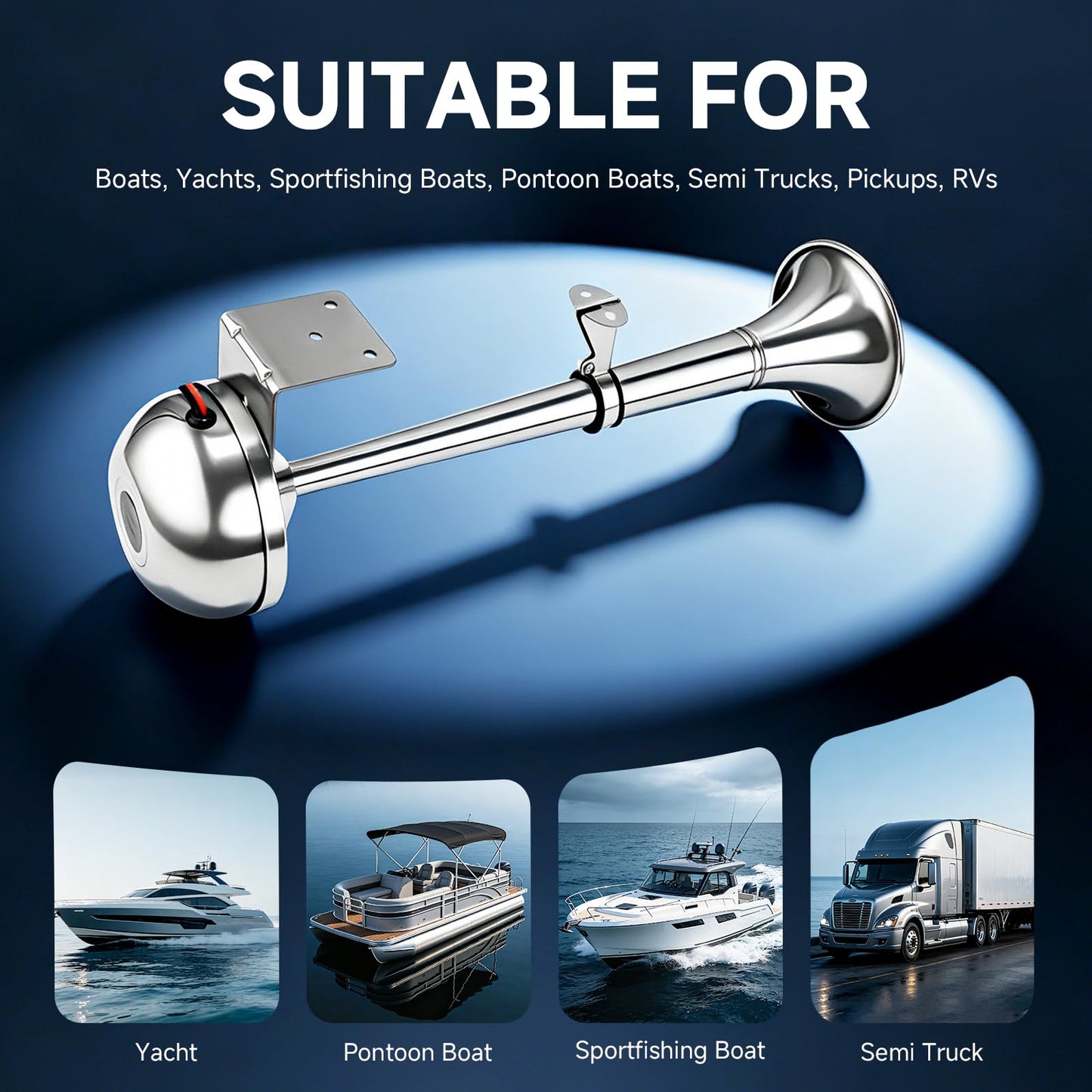 FARBIN 12V Marine Horn, Single Trumpet Stainless Steel Horn, Waterproof Electric Horns for Ships Boats Sailboats Yachts Trucks SUV RV Touring Car etc. (single stainless steel short pipe, 12V)