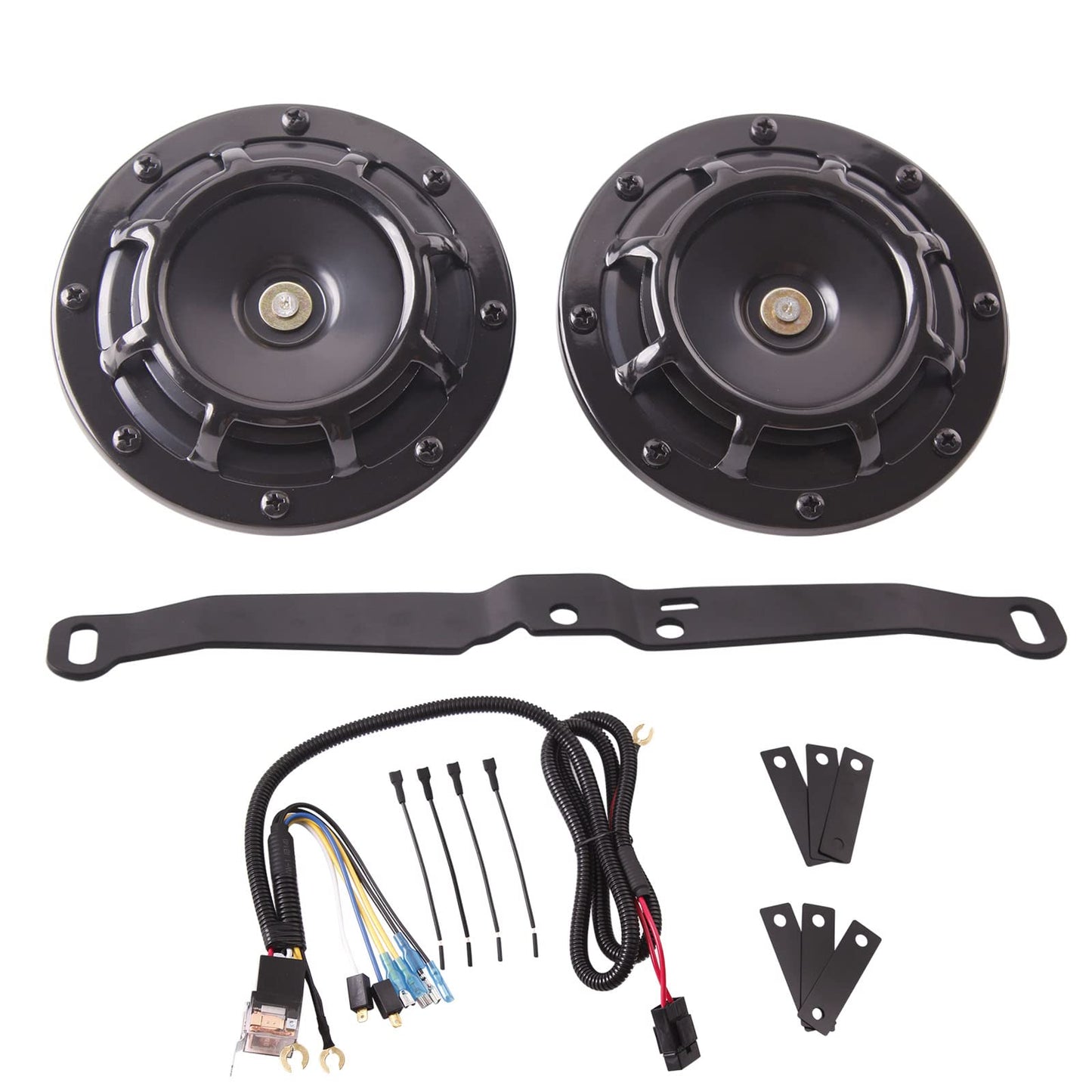 FARBIN Waterproof Car Horn Loud Super tone High Tone/Low Tone Metal Twin Horns Kit with Protective Grill (red horn with harness and bracket)