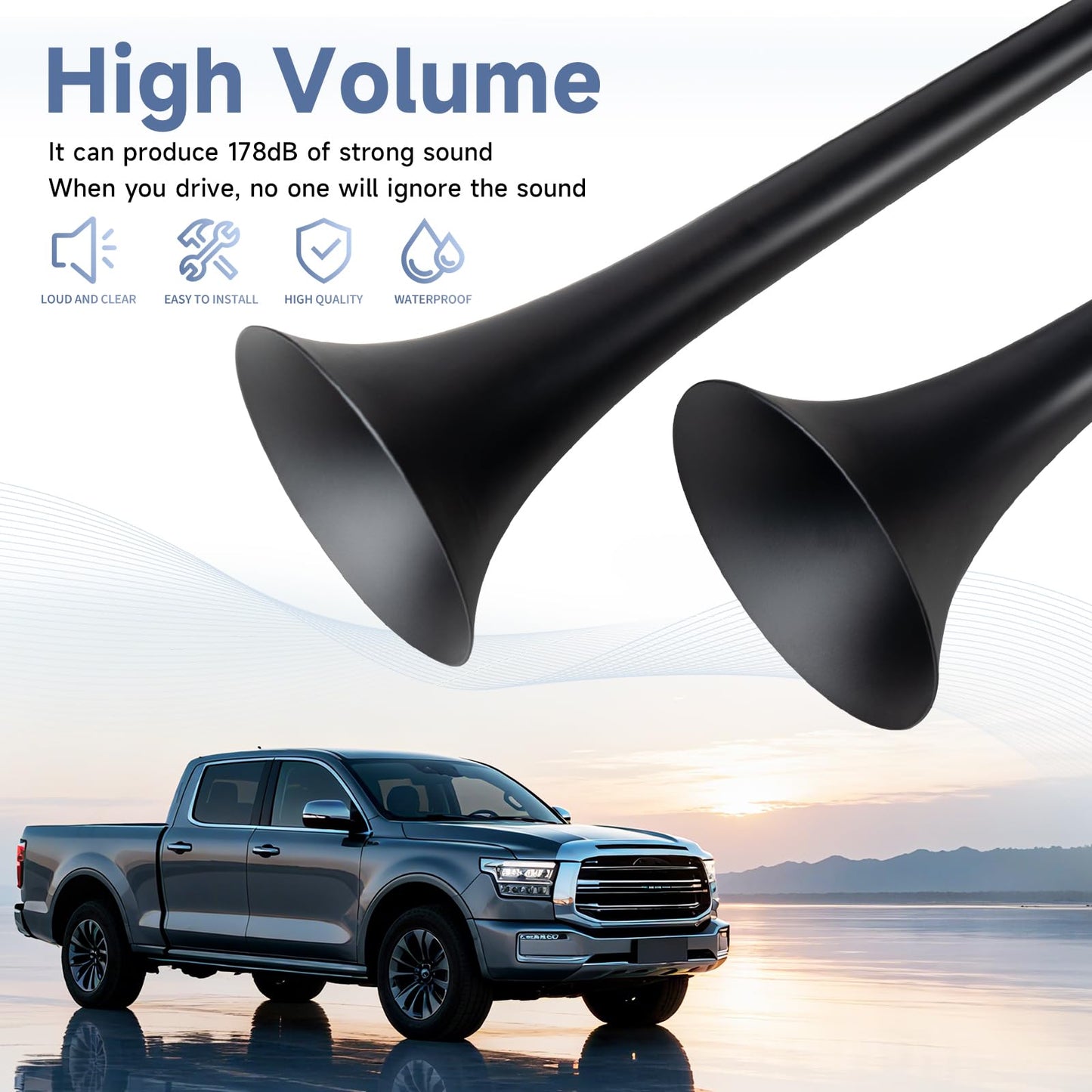 FARBIN Dual Trumpet Air Horn, Train Horn for Truck with 2 Air Compressors, 12V 178dB Loud Horns for Any 12V Vehicles Pickups SUV Lorrys Trucks Boats (Black Trumpet with Button)