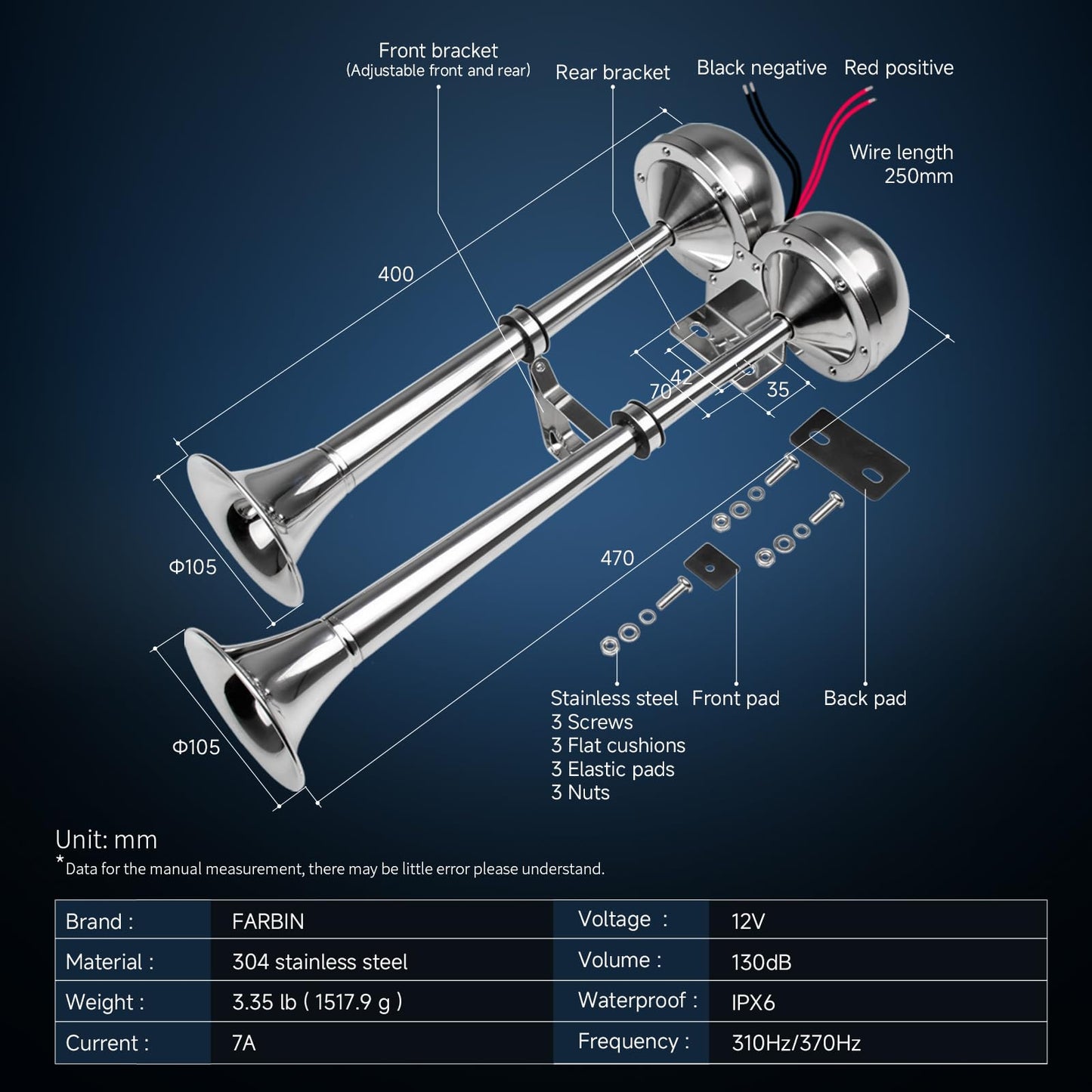 FARBIN Boat horn Waterproof Stainless Steel Dual Trumpet,Electric Horn for 12v Boats Ship Sailboat Yacht Off-Road Vehicle Truck SUV RV Vans Touring Car (Stainless steel double tube, 12V)