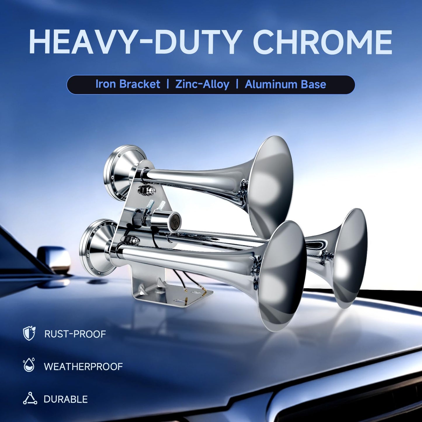 FARBIN Air Horn, 12/24V Heavy Duty Triple Trumpets Chrome Plated, Super Loud Train Horn for Truck Pickup Jeep RV SUV Boat