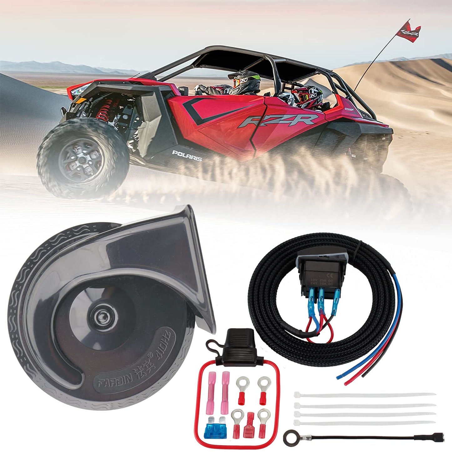 FARBIN Universal ATV Horn Kit For Polaris RZR, Ranger, General,Golf Cart,Side by Side,Dune Buggy,Sportsman, Sand Rail,UTV, Commander, Maverick & X3,etc