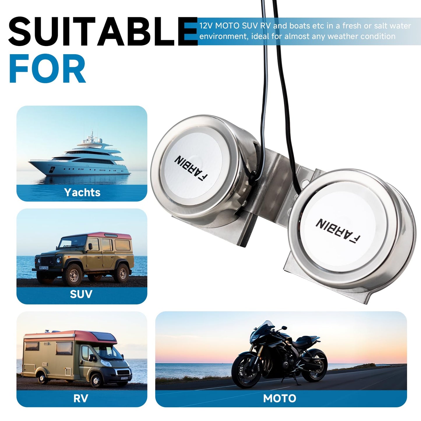 FARBIN Boat Horn Stainless Steel Horn, Waterproof Horns for Ships 12V Super Loud Motorcycle Horns with Base Bracket for Sailboats Yacht Truck etc. (Dual stainless steel horns)