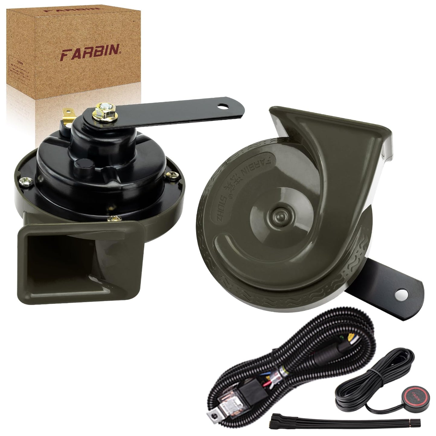 FARBIN Car Horns 12v Loud Dual-Tone Auto Snail Horn Electric Horn Kit with Relay Harness and Switch for Truck Motorcycle (Green horn and wiring button, 12v)