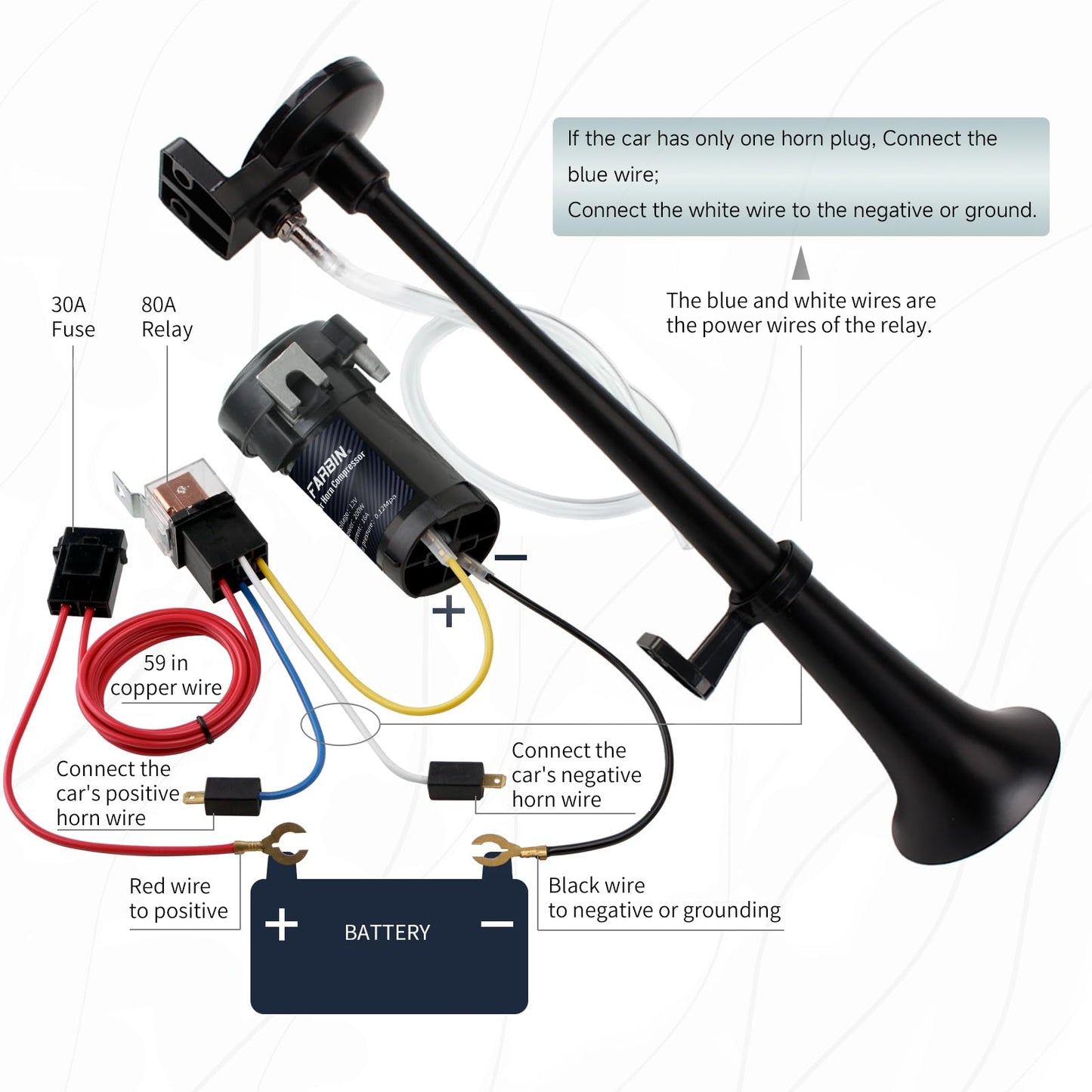 FARBIN Train Horn for Truck 12V 150 db Air Horn for Car Super Loud 18" Single Trumpet Truck Horn with Compressor and Wire Harness